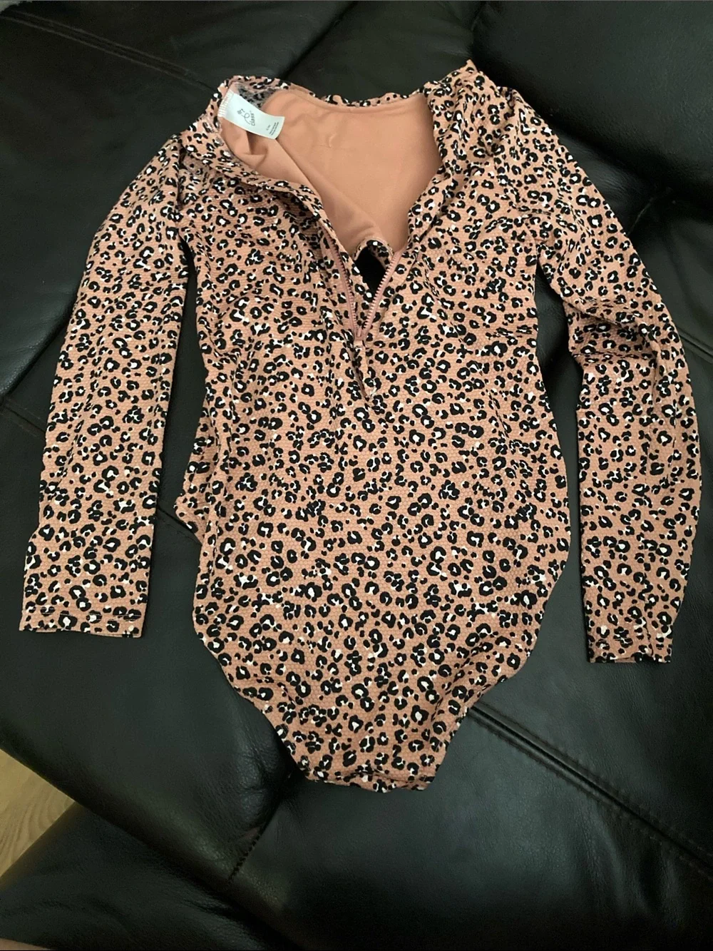 art class Girls' Long-Sleeve Leopard Print One-Piece Swimsuit - Tan/Black